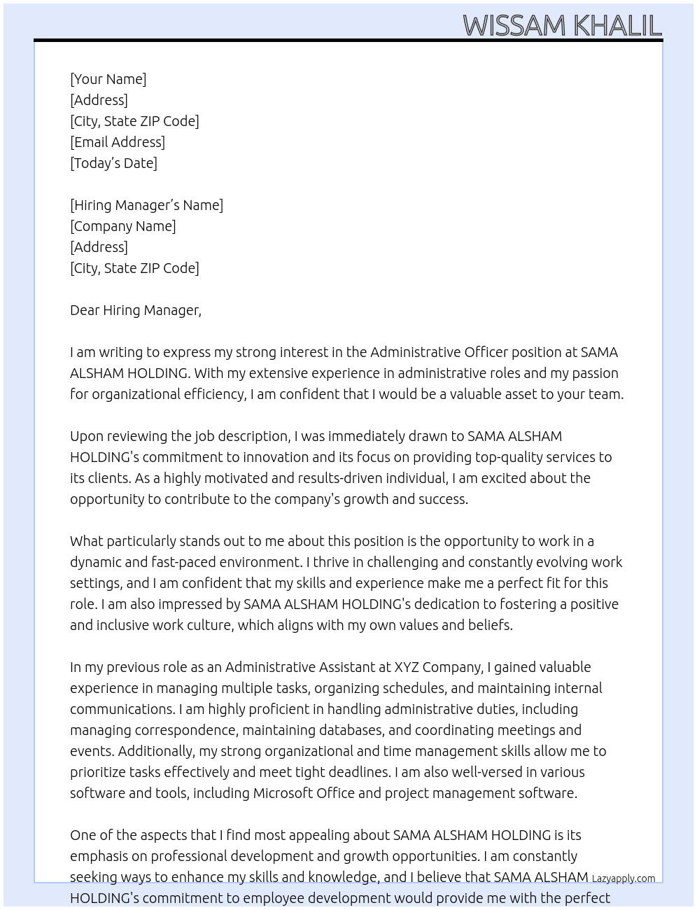 Administrative Officer At SAMA ALSHAM HOLDING Cover Letter