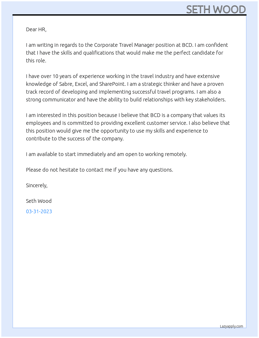 Corporate Travel Manager At BCD Cover Letter