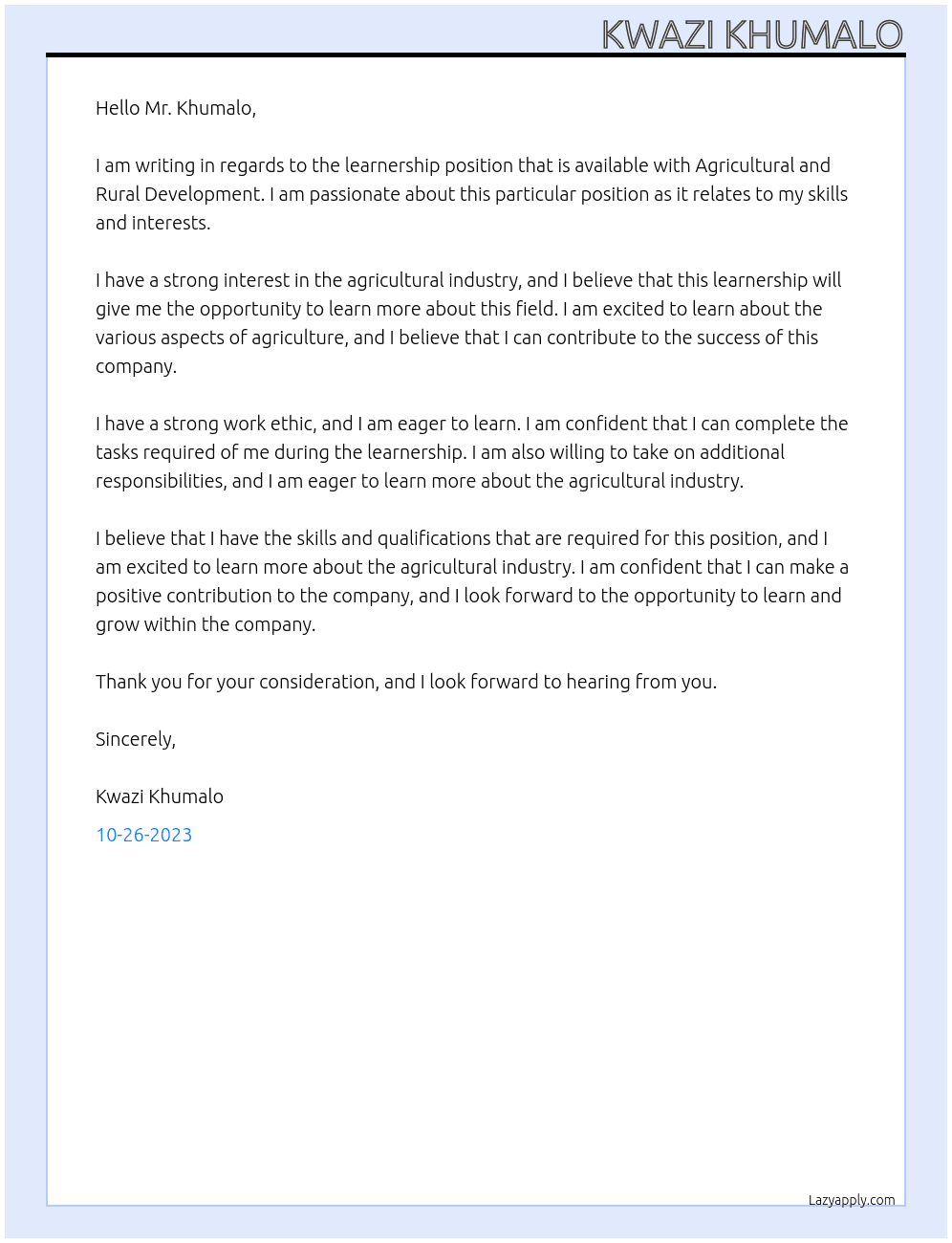 Learnership  At Agricultural and rural development Cover Letter