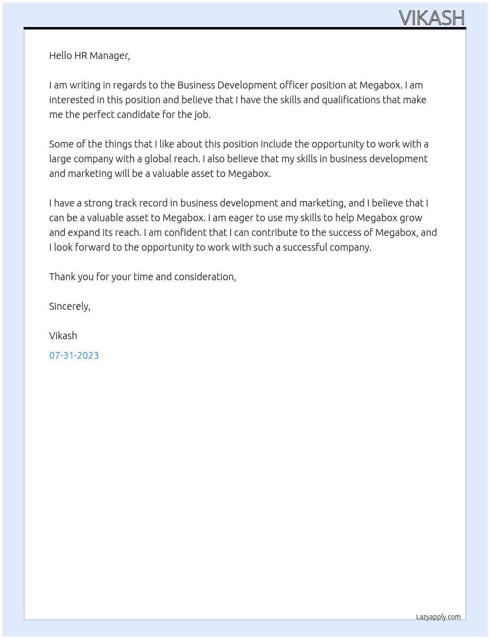Business Development officer At Megabox Cover Letter