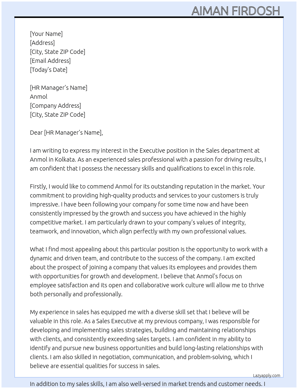 Executive  At Anmol Cover Letter