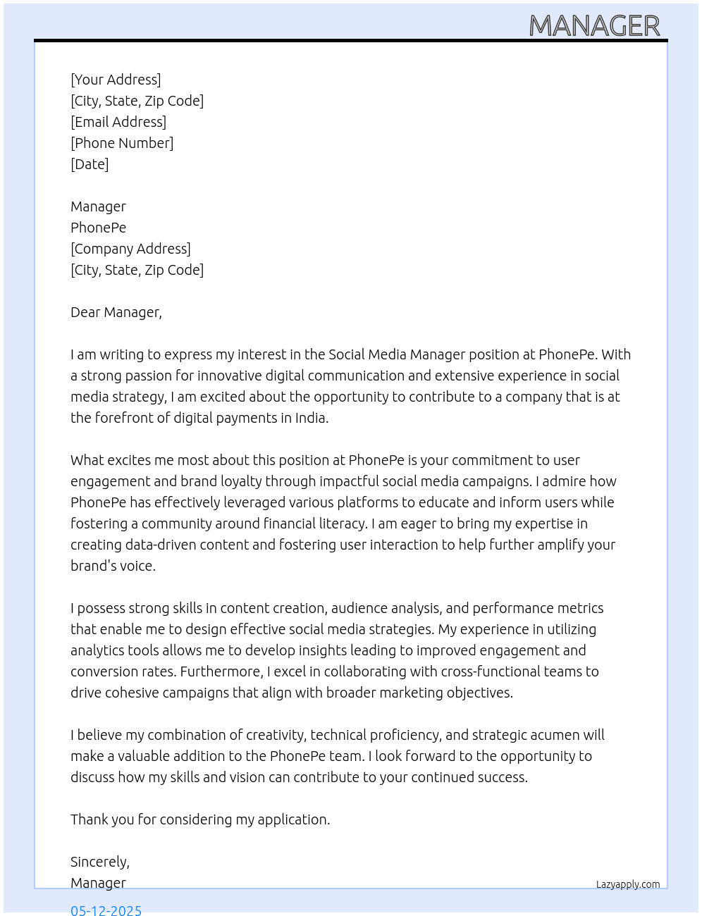 Social media manager  At Phonepe  Cover Letter