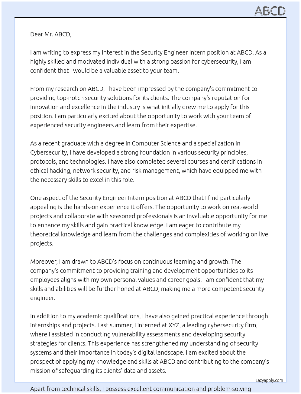 security engineer intern At abcd Cover Letter