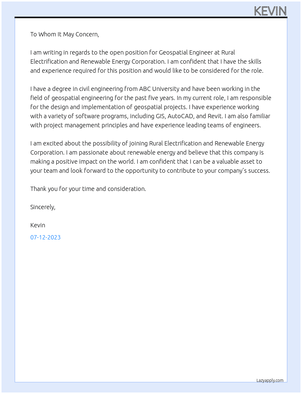 Geospatial Engineering At Rural Electrification and Renewable Energy Corporation Cover Letter