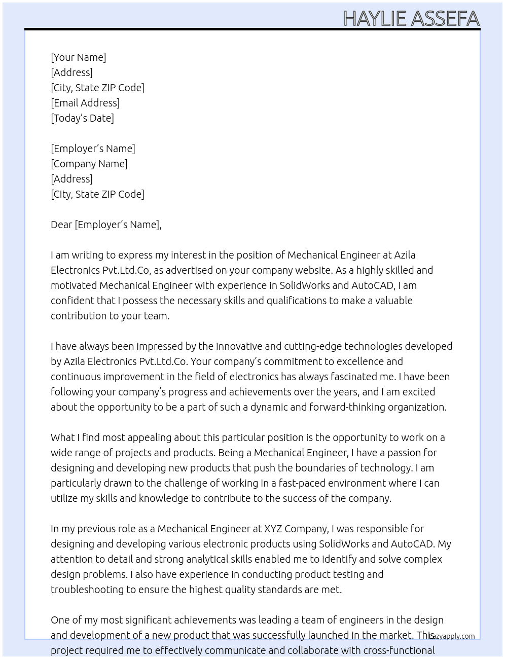 mechanical engineer At Azila Electronics Pvt.Ltd.Co Cover Letter