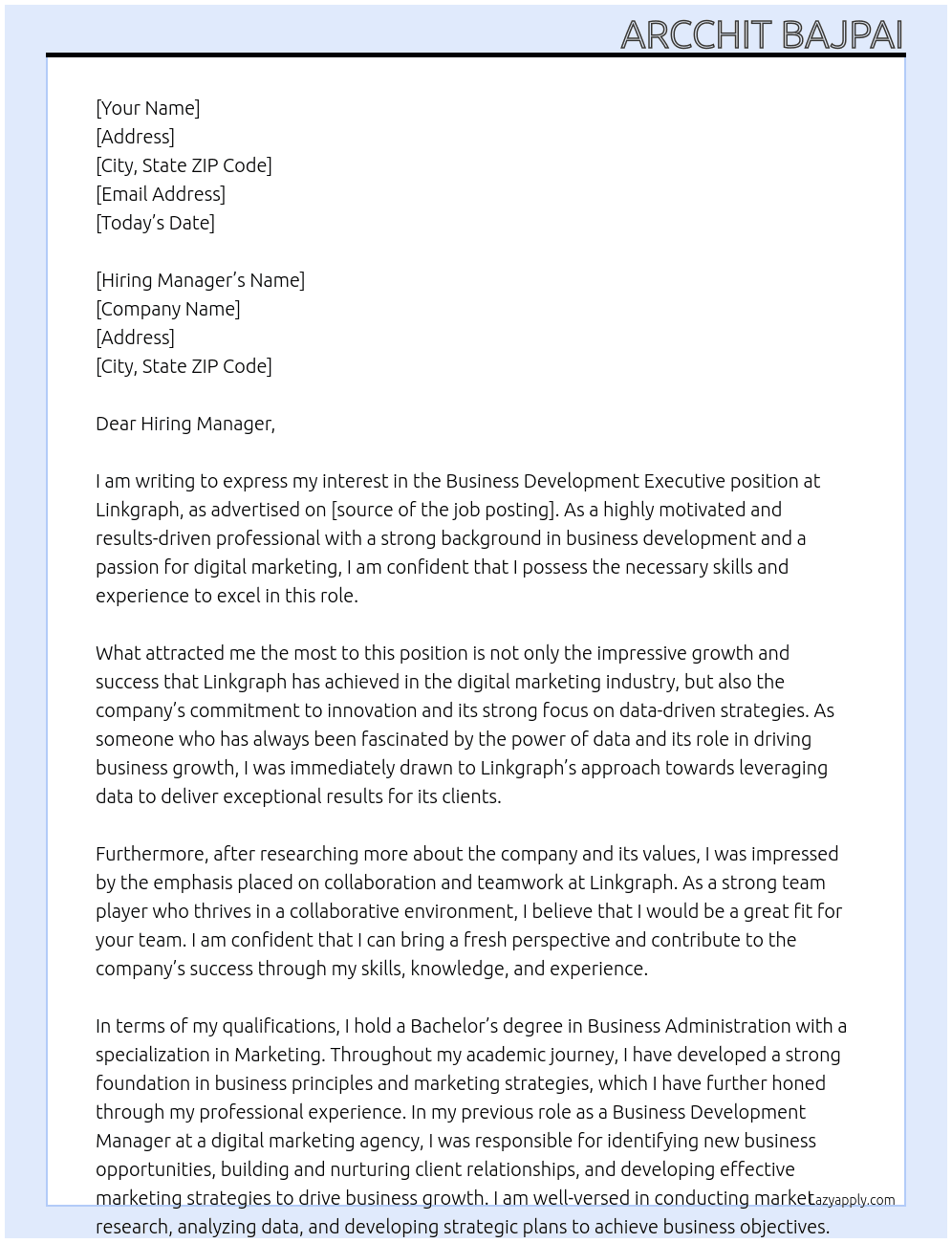 Business Development Executive At Linkgraph Cover Letter