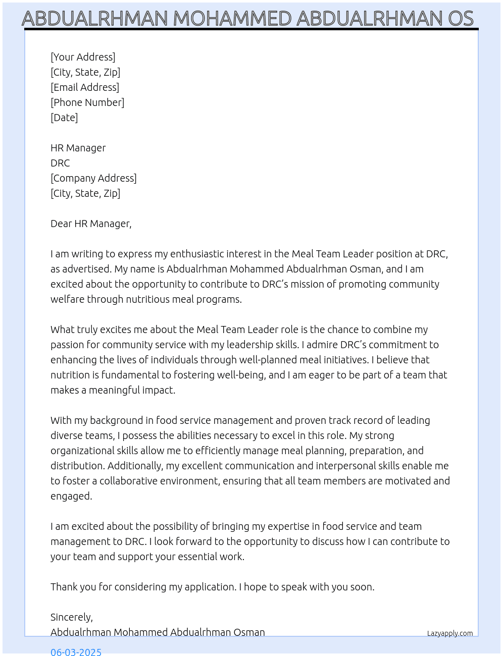 Meal Team Leader At DRC  Cover Letter