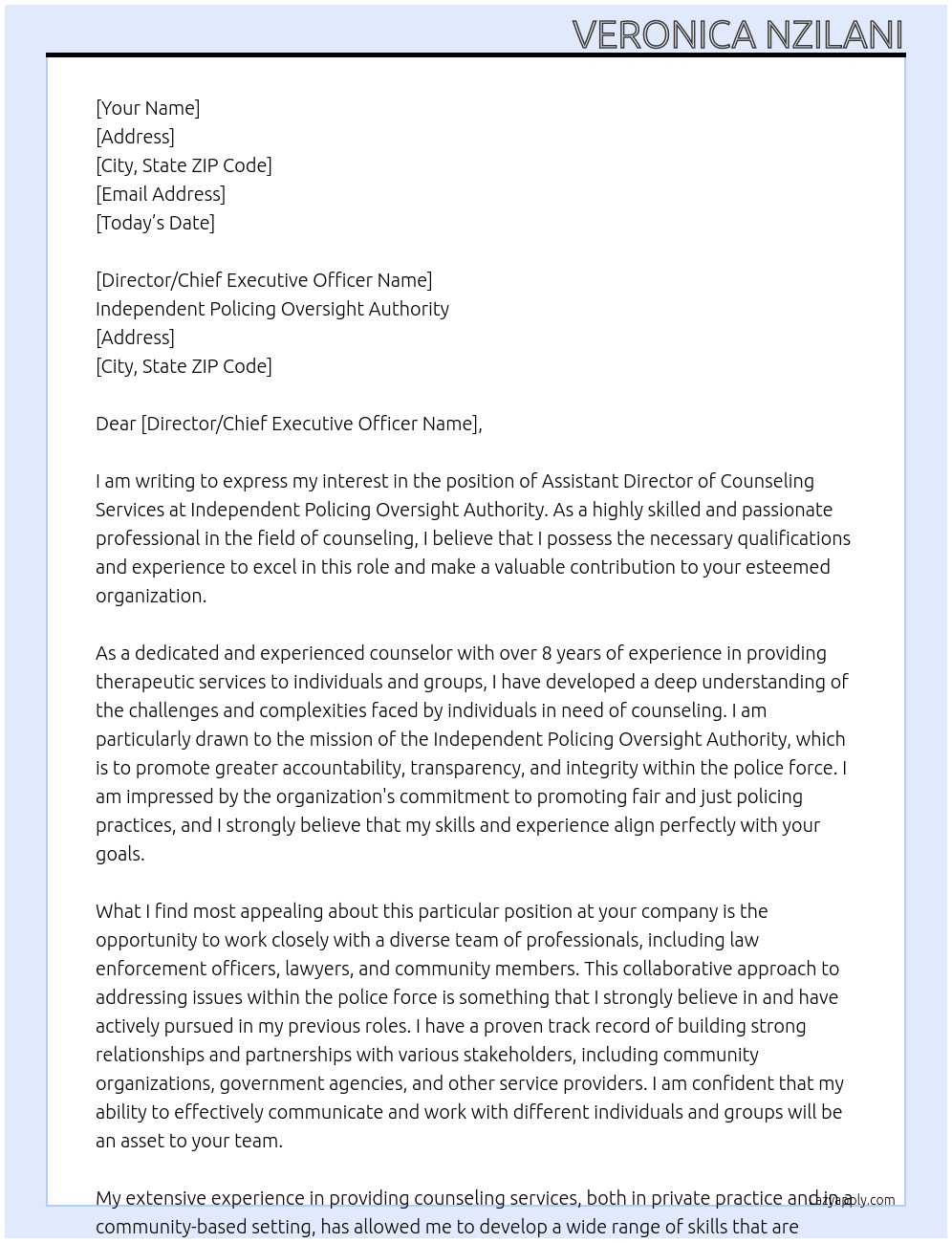 Assistant Director Counseling services At Independent Policing Oversight Authority Cover Letter