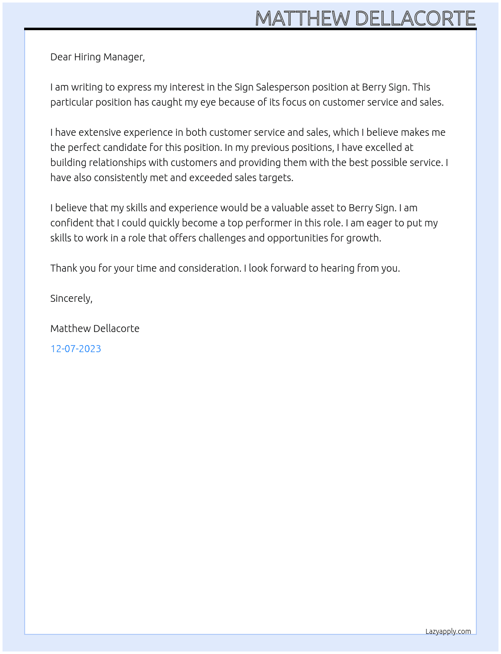 Sign Salesperson At Berry Sign Cover Letter
