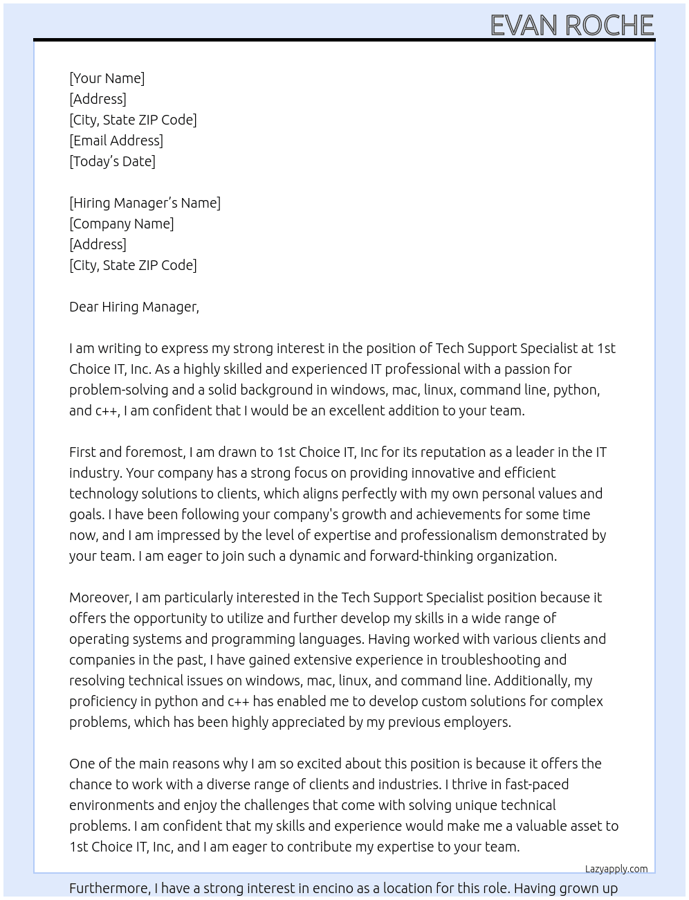 Tech Support Specialist At 1st Choice IT, Inc Cover Letter