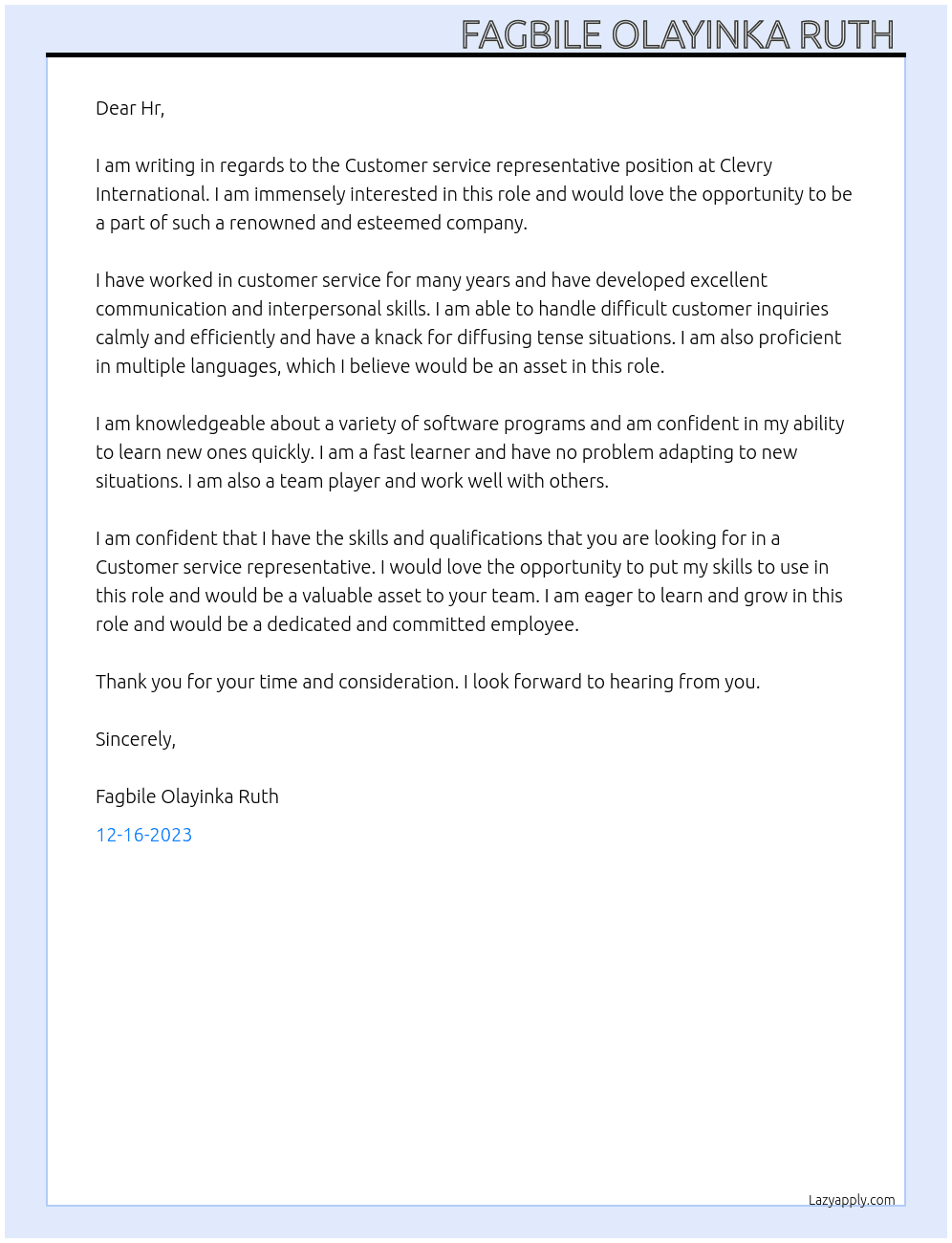 Customer service representative  At Clevry International Cover Letter