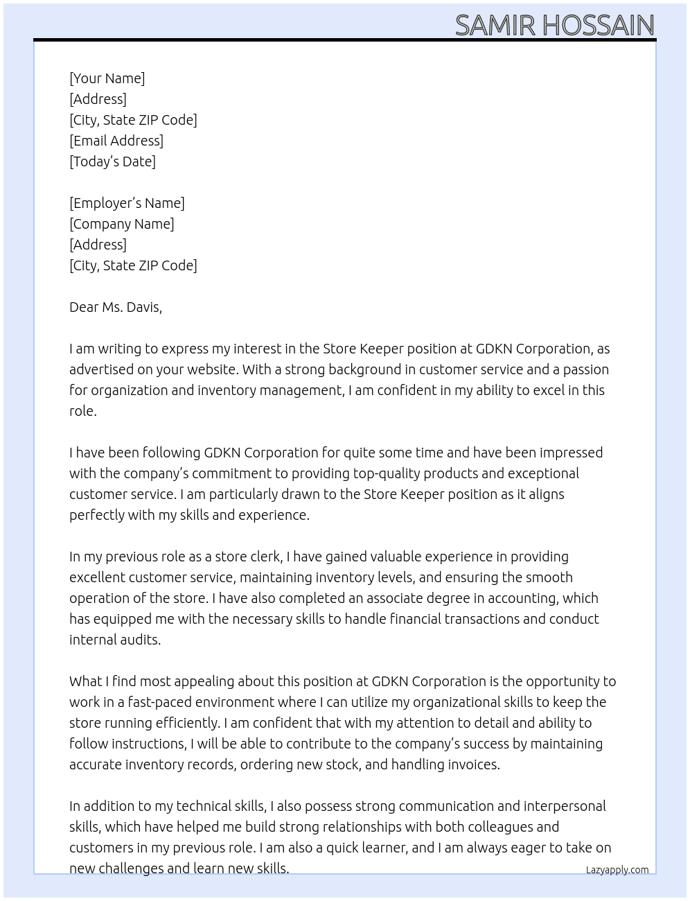 Store keeper At Career International  Cover Letter