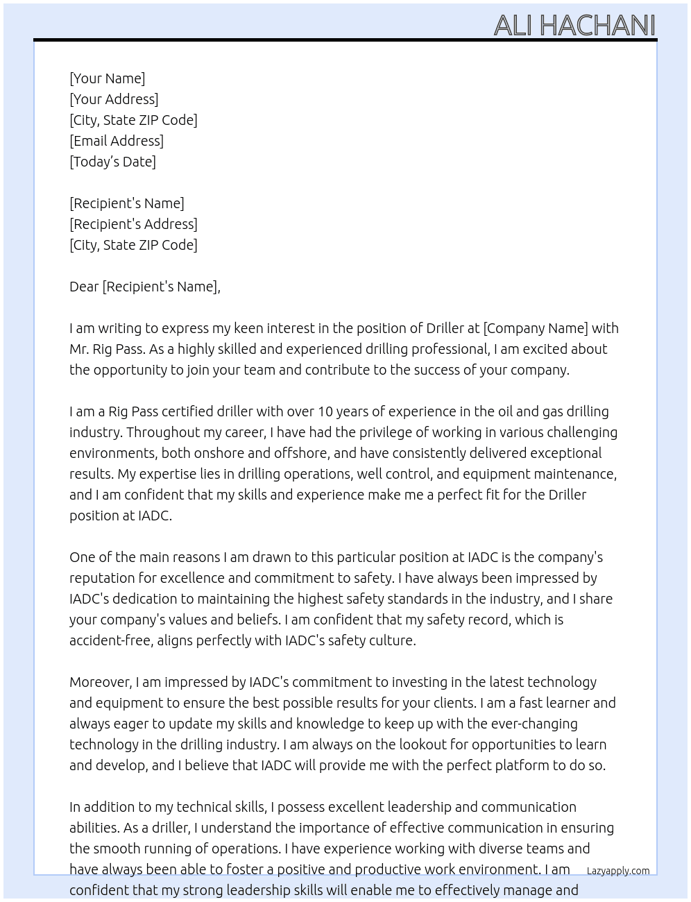 Driller  At IADC Cover Letter