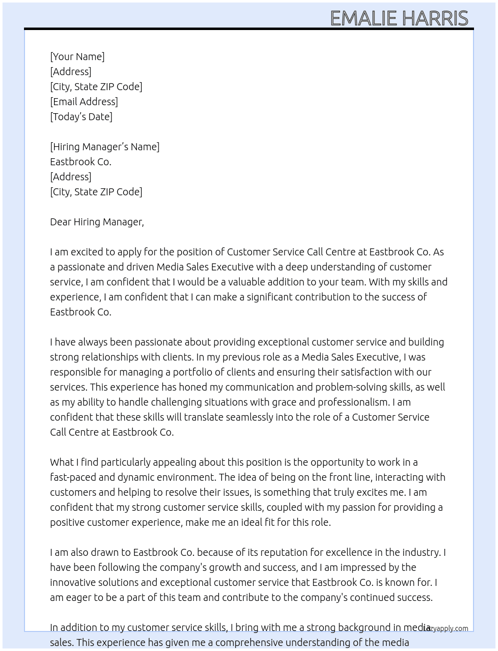 Customer service call centre At Eastbrook co Cover Letter