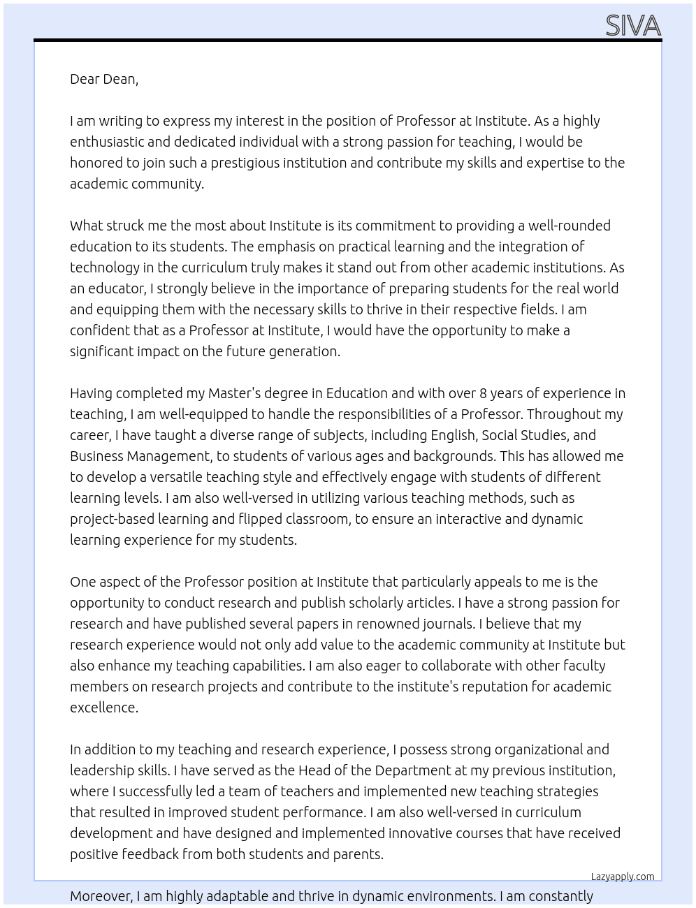 professor At institute Cover Letter