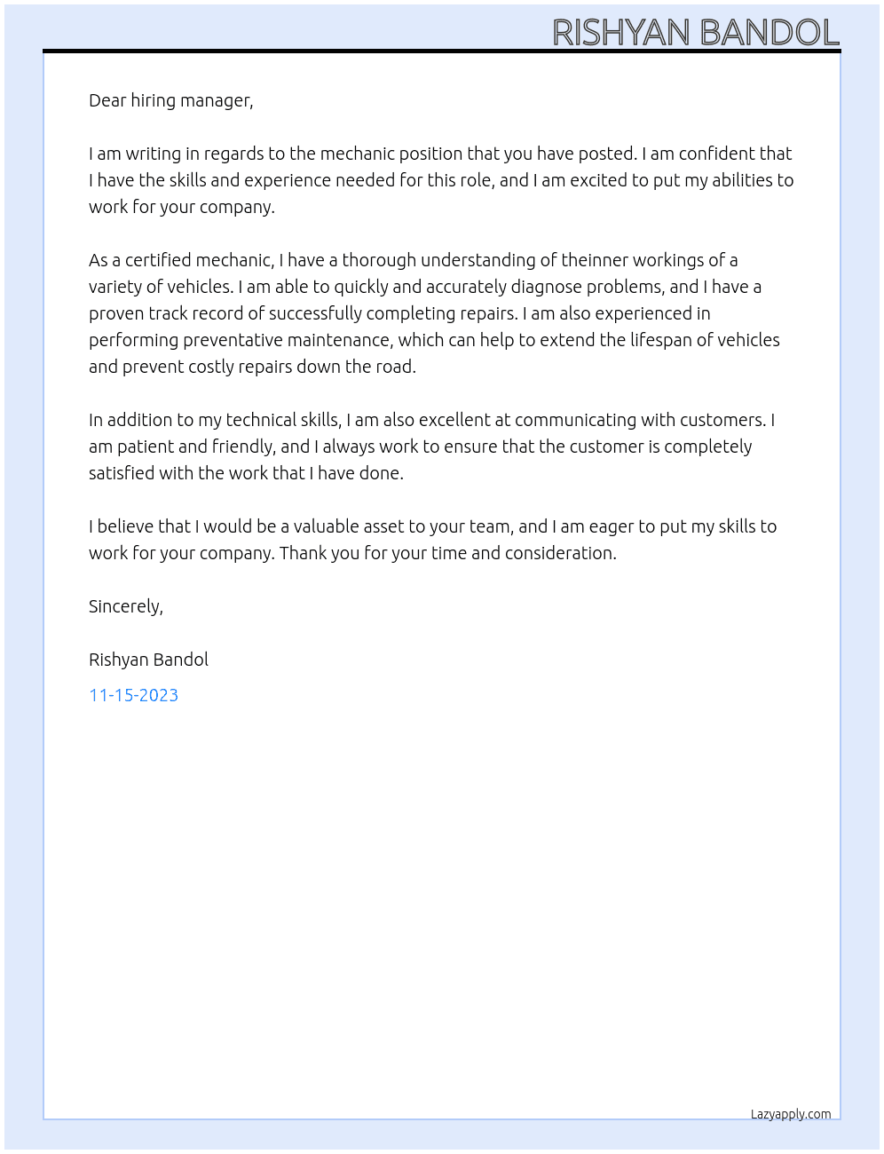 mechanics At mechanics work Cover Letter