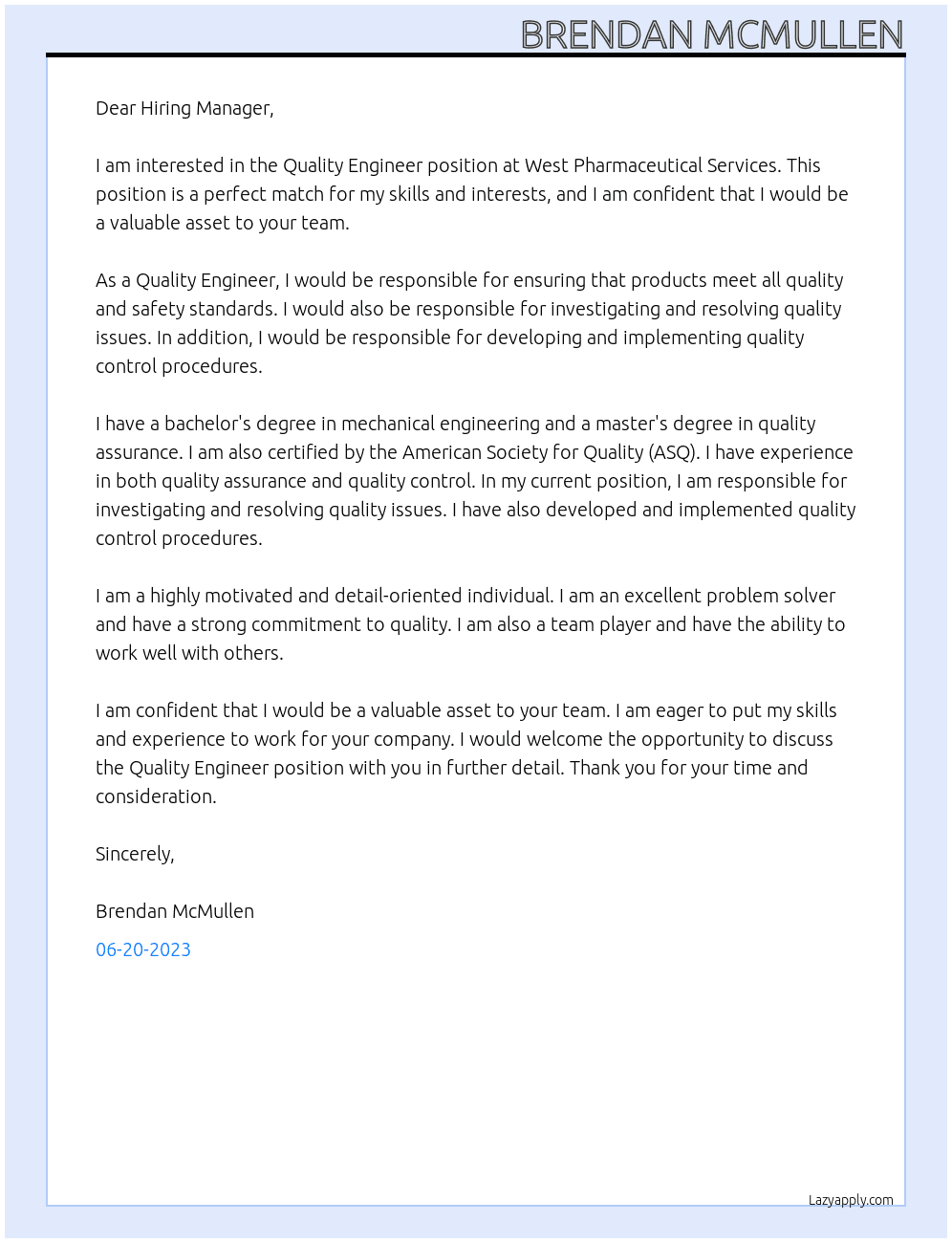 Quality Engineer At West Pharmaceutical Services Cover Letter