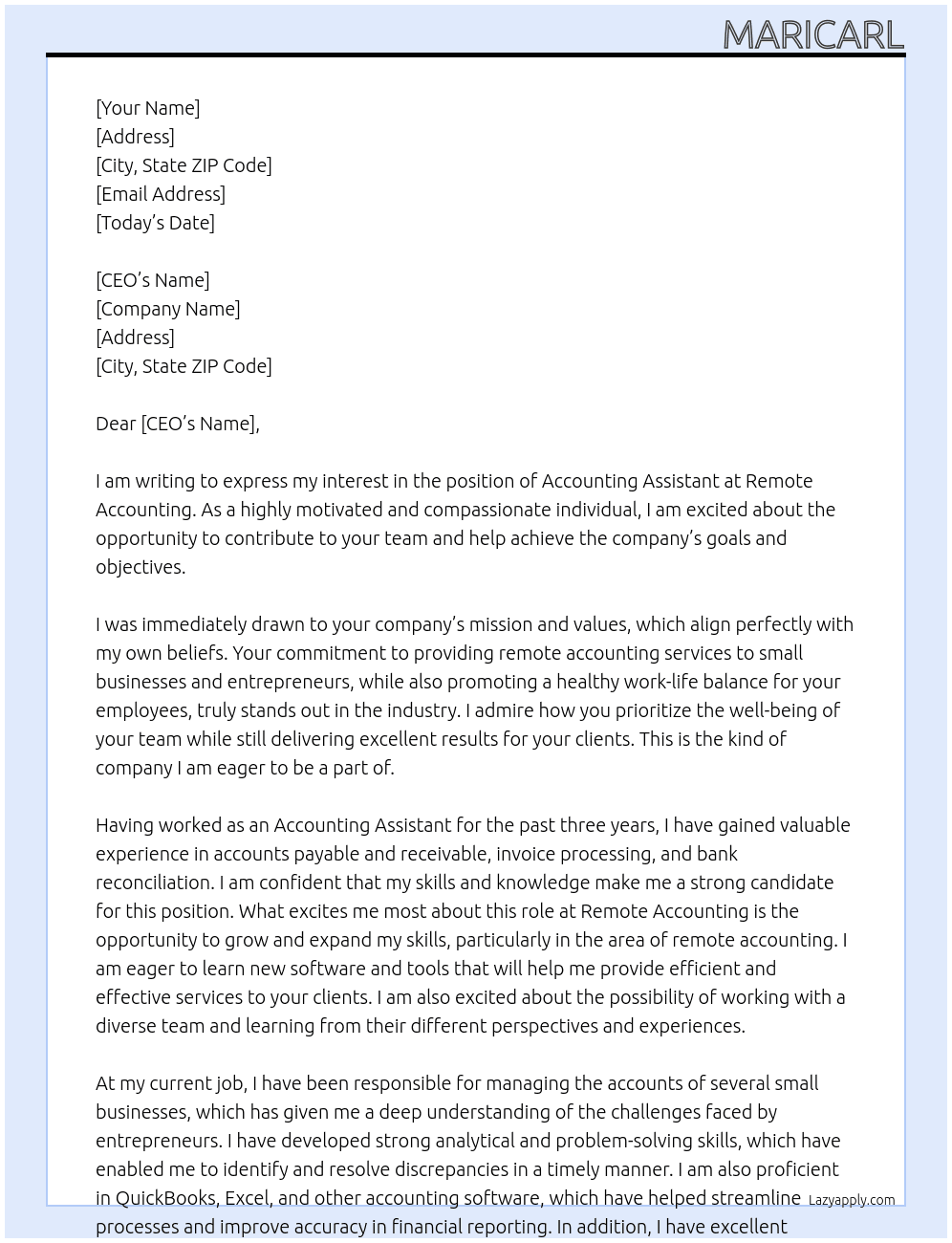 accounting assistant At remote accounting Cover Letter