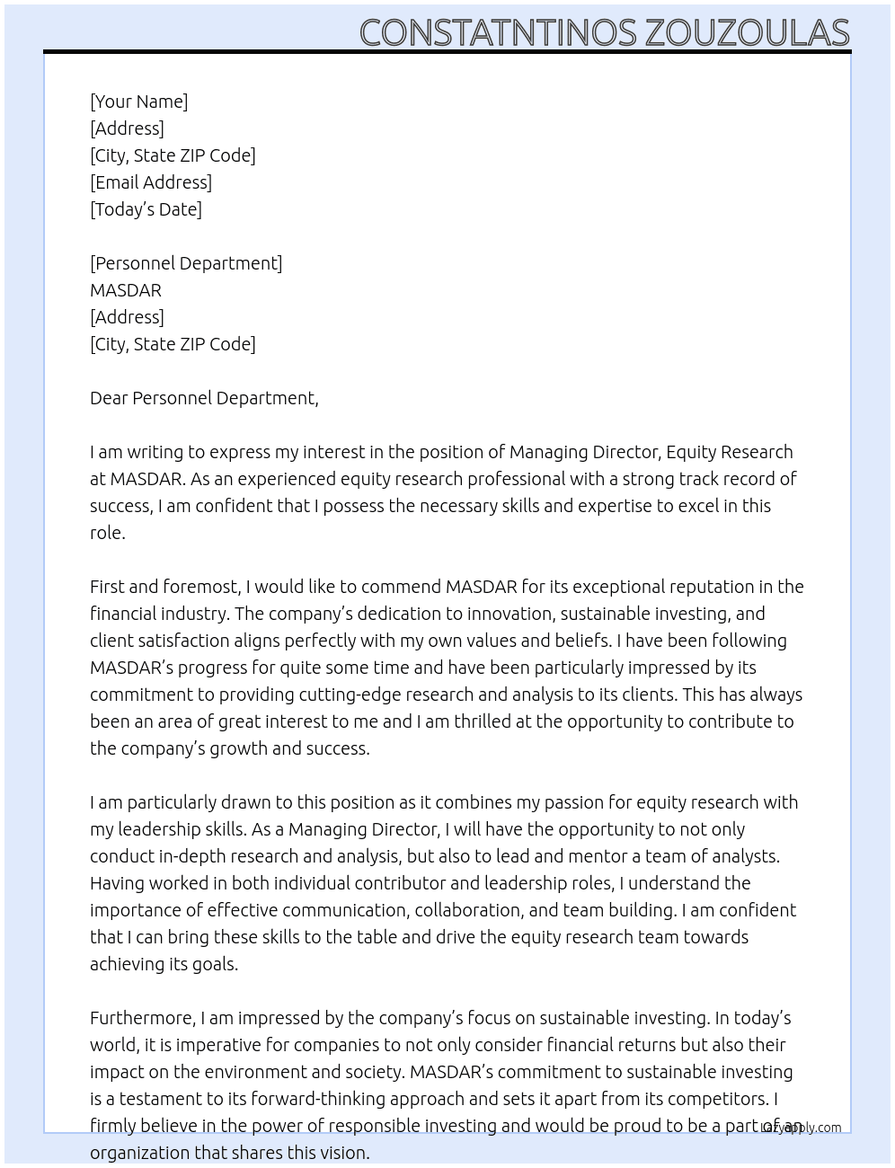 Managing Director, Equity Research At MASDAR Cover Letter