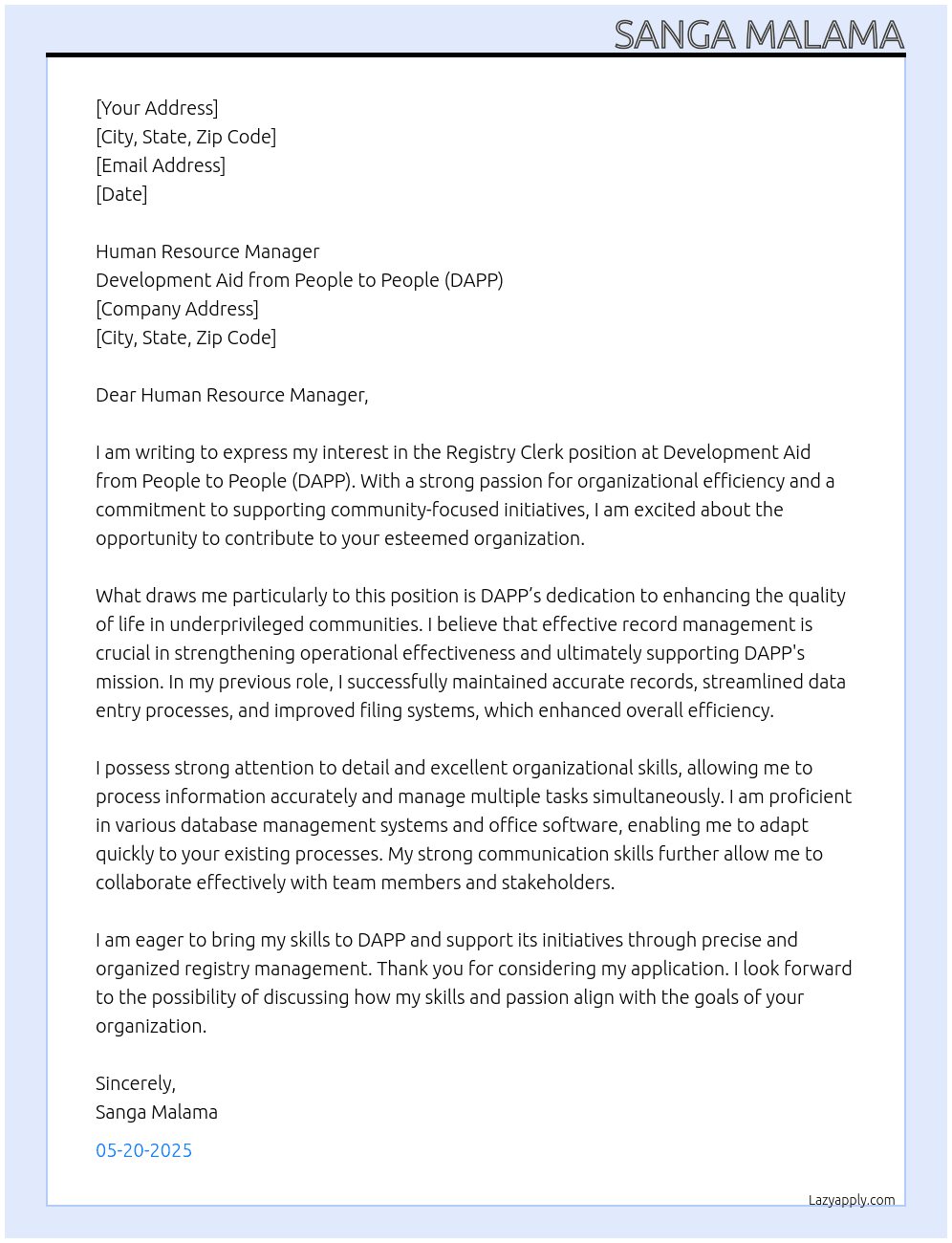 Registry Clerk At Development Aid from People to People (DAPP) Cover Letter