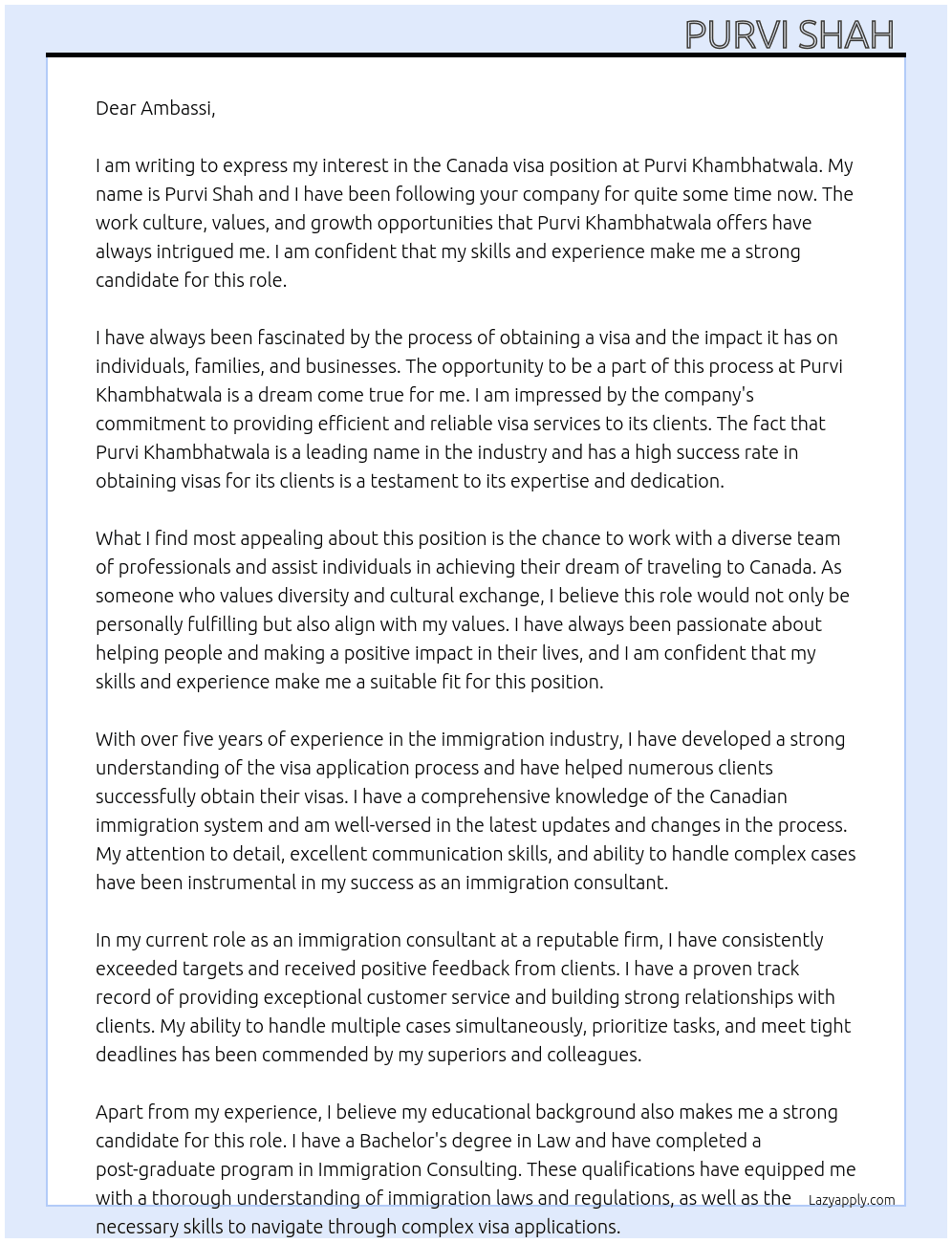 Canada visa At Purvi khambhatwala  Cover Letter