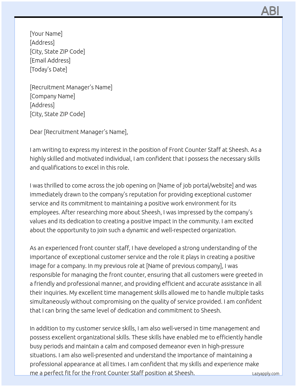 Front counter staff At Sheesh Cover Letter