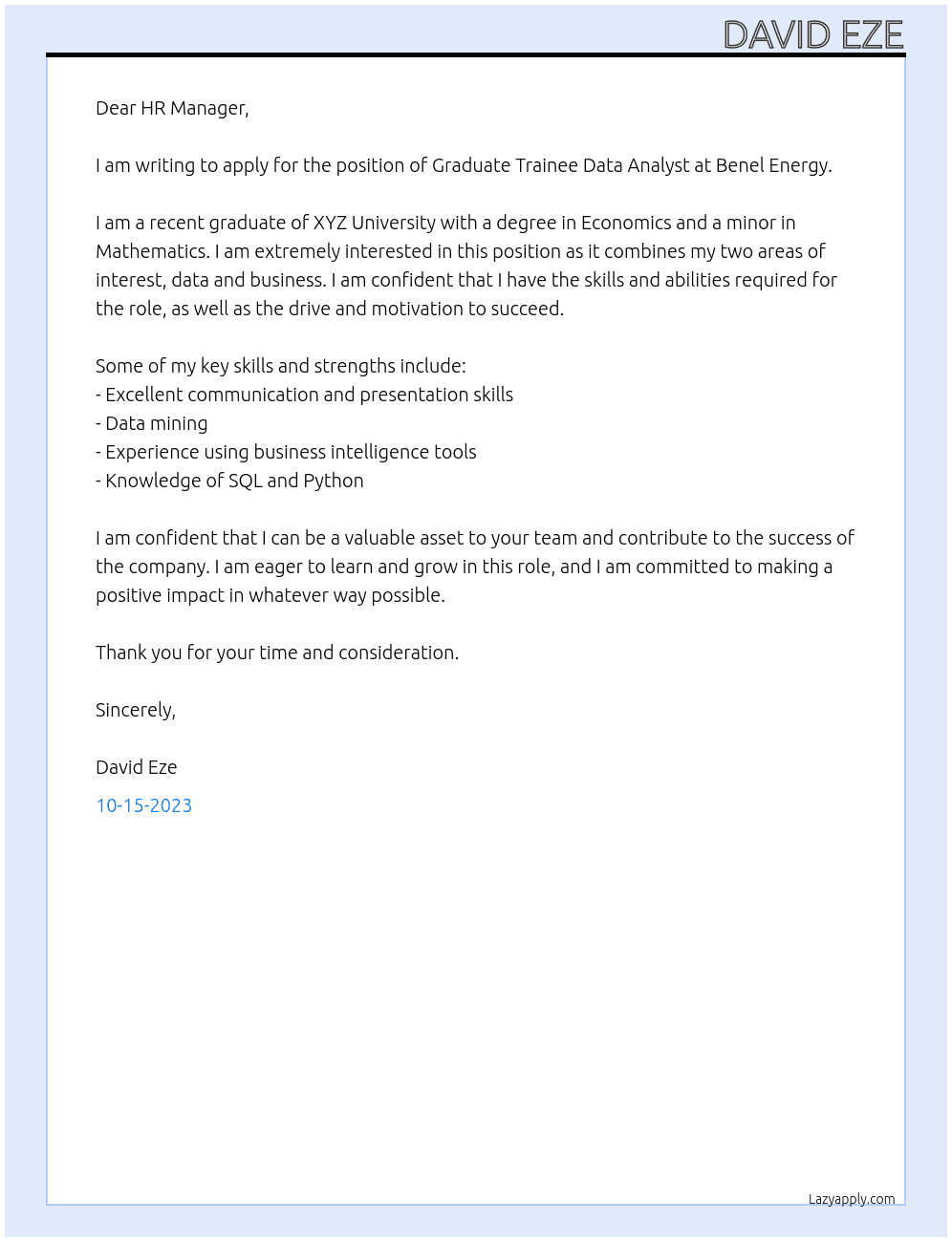 Graduate Trainee Data Analyst  At Benel Energy  Cover Letter