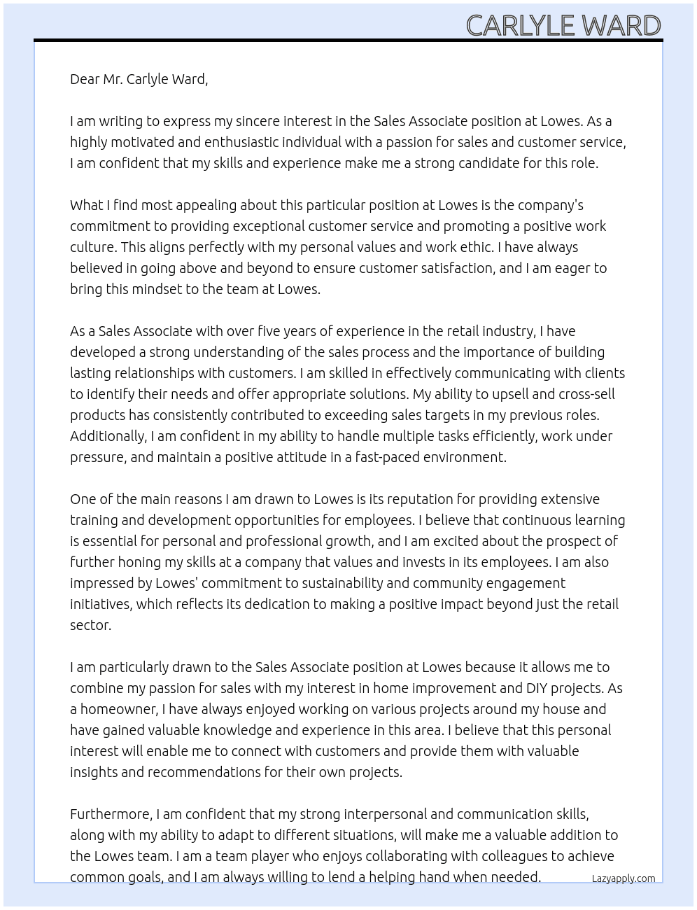 Sales accociate At Lowes Cover Letter