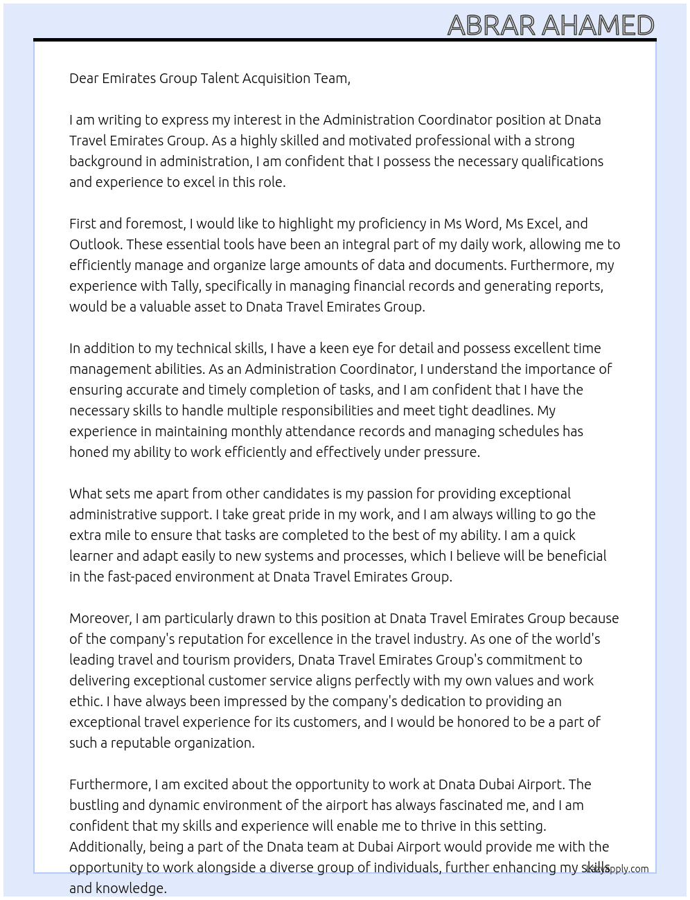 Administration Coordinator At Dnata Travel Emirates Group Cover Letter