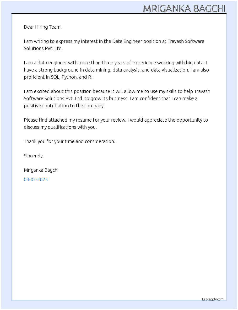 Data Engineer At Travash Software Solutions Pvt. Ltd. Cover Letter
