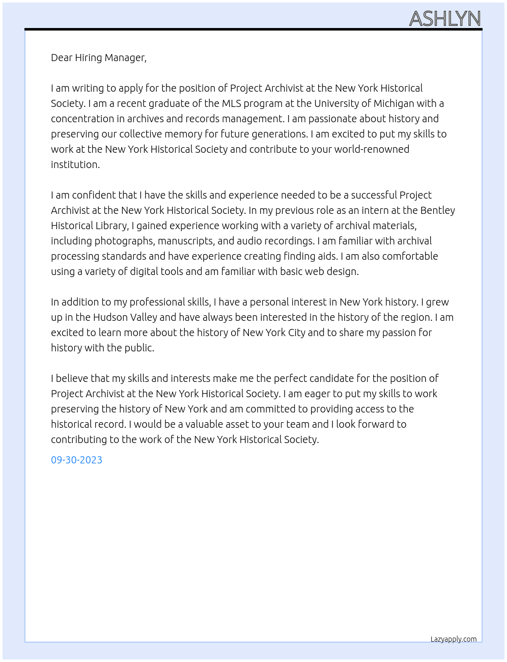 Project Archivist At New York Historical Society Cover Letter