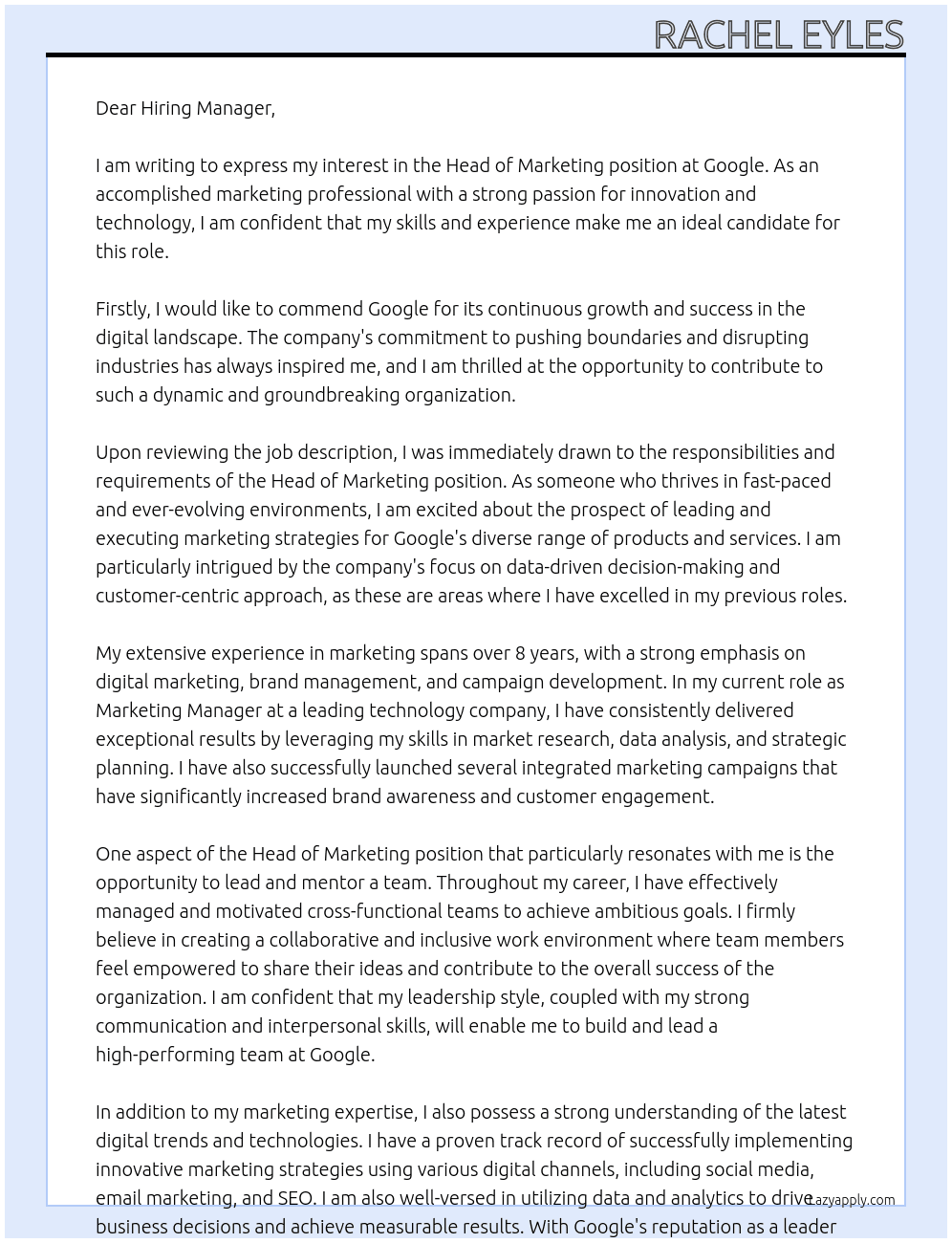 Head of Marketing At Google Cover Letter