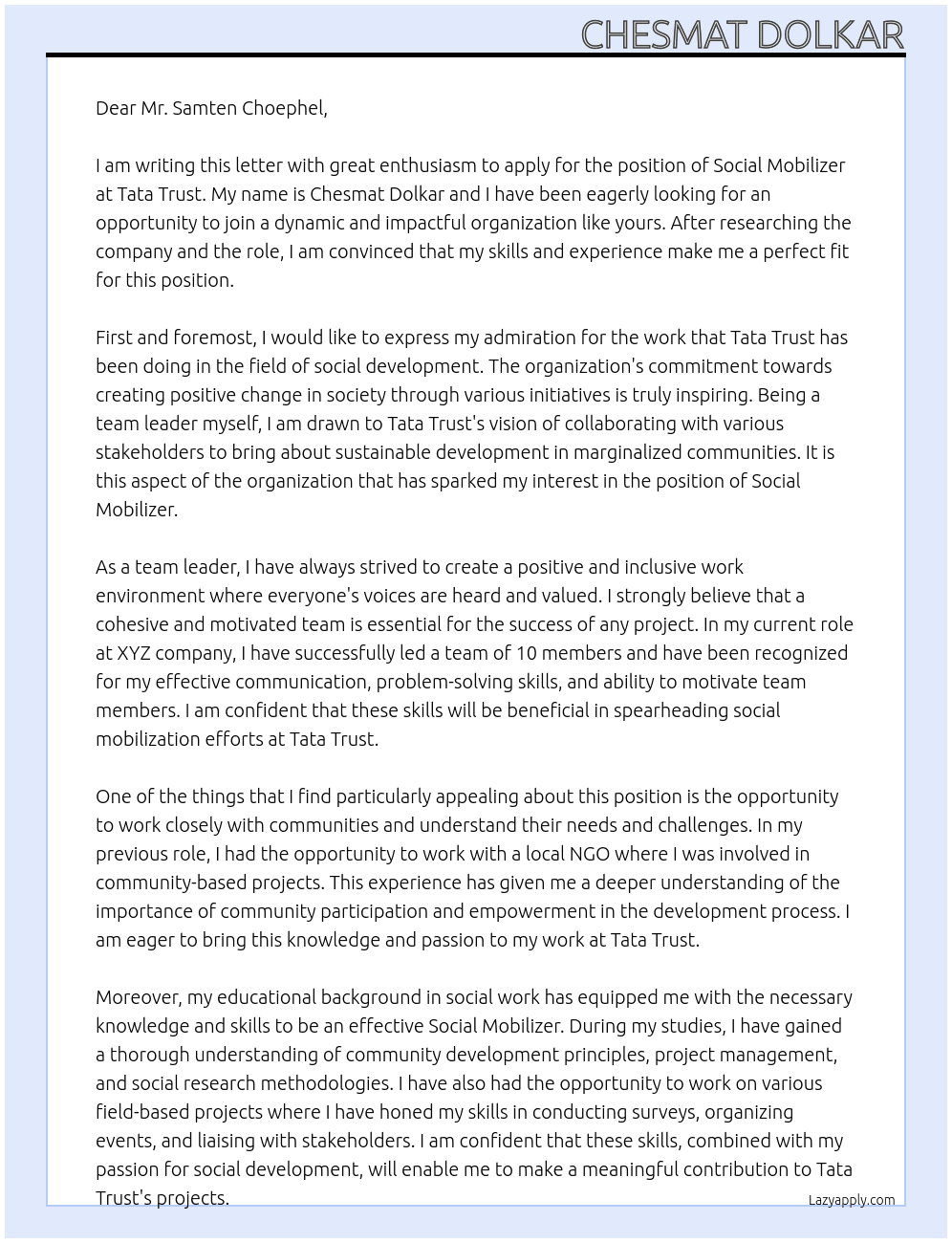 Social mobilizer At Tata trust Cover Letter
