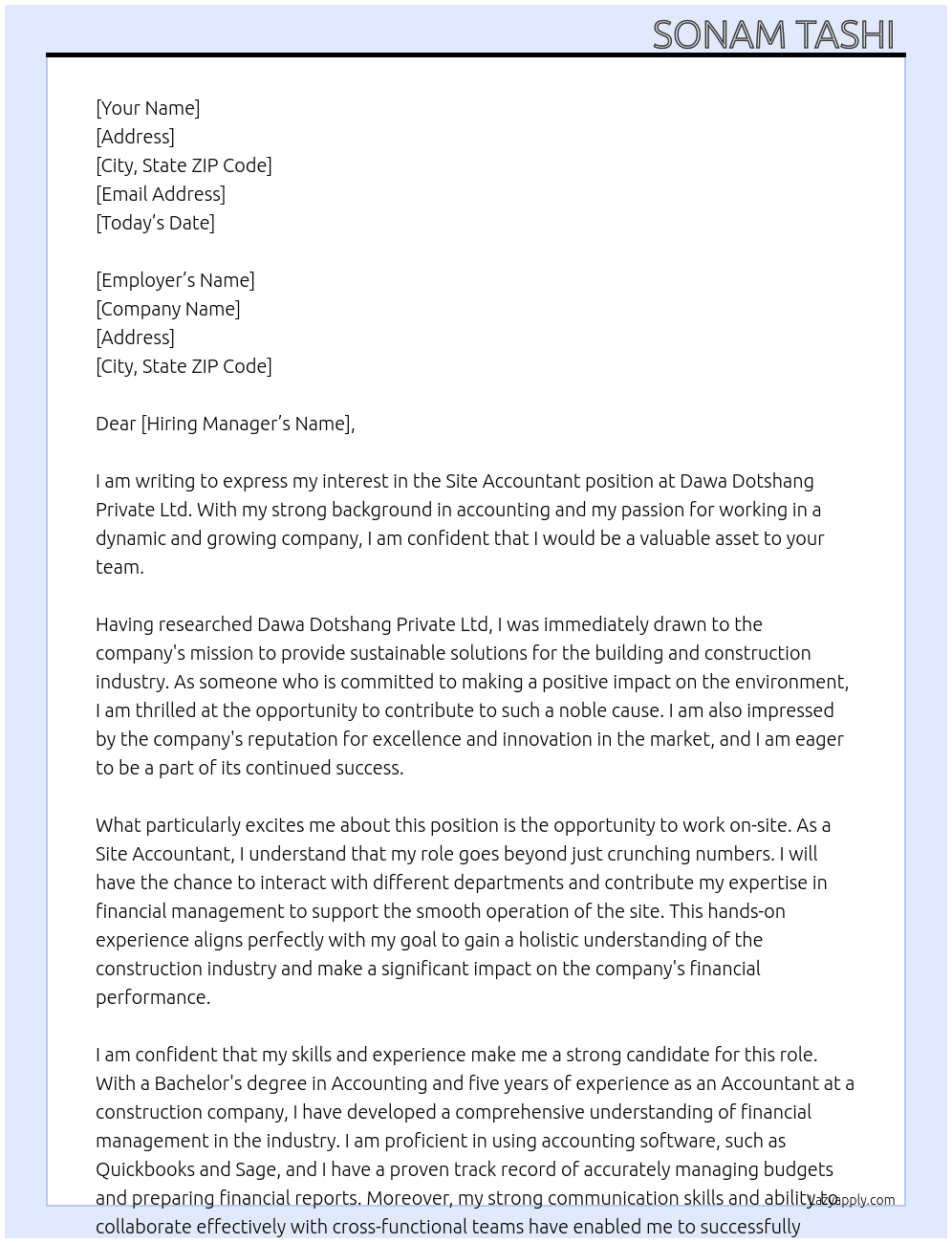 Site Accountant At Dawa Dotshang Private Ltd Cover Letter