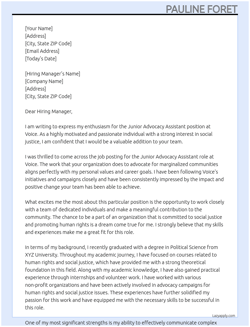 Junior Advocacy Assistant At Voice Cover Letter