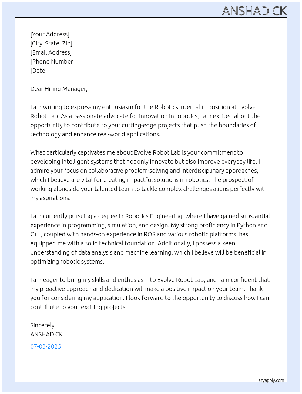 Robotics internship At EVOLVE ROBOT LAB Cover Letter