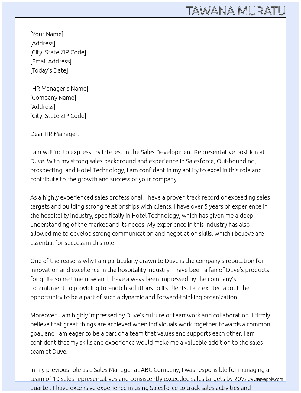  Sales Development Representative  At Duve Cover Letter