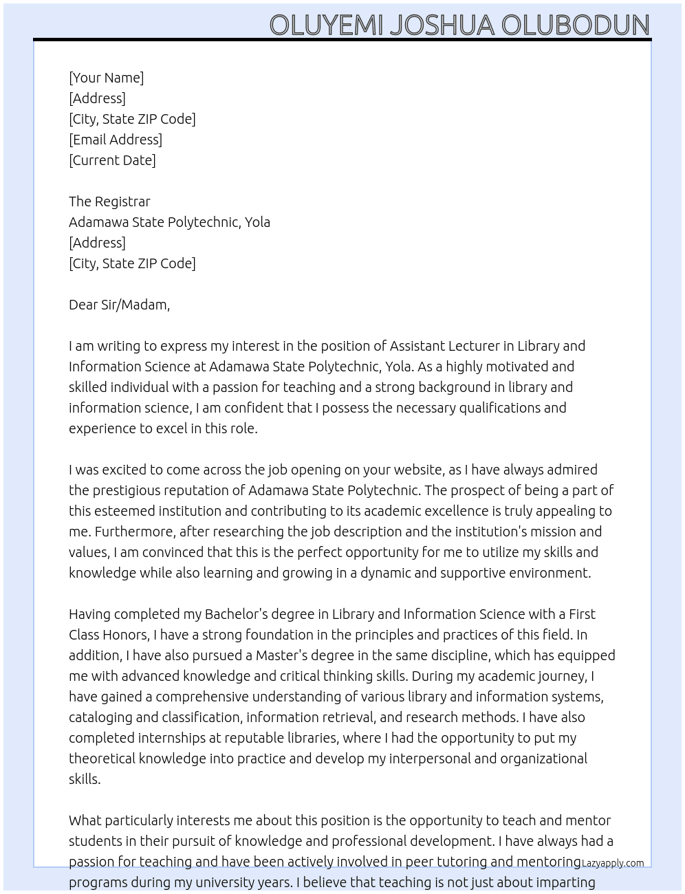 Assistant Lecturer - Library and Information Science At Adamawa State Polytechnic, Yola Cover Letter