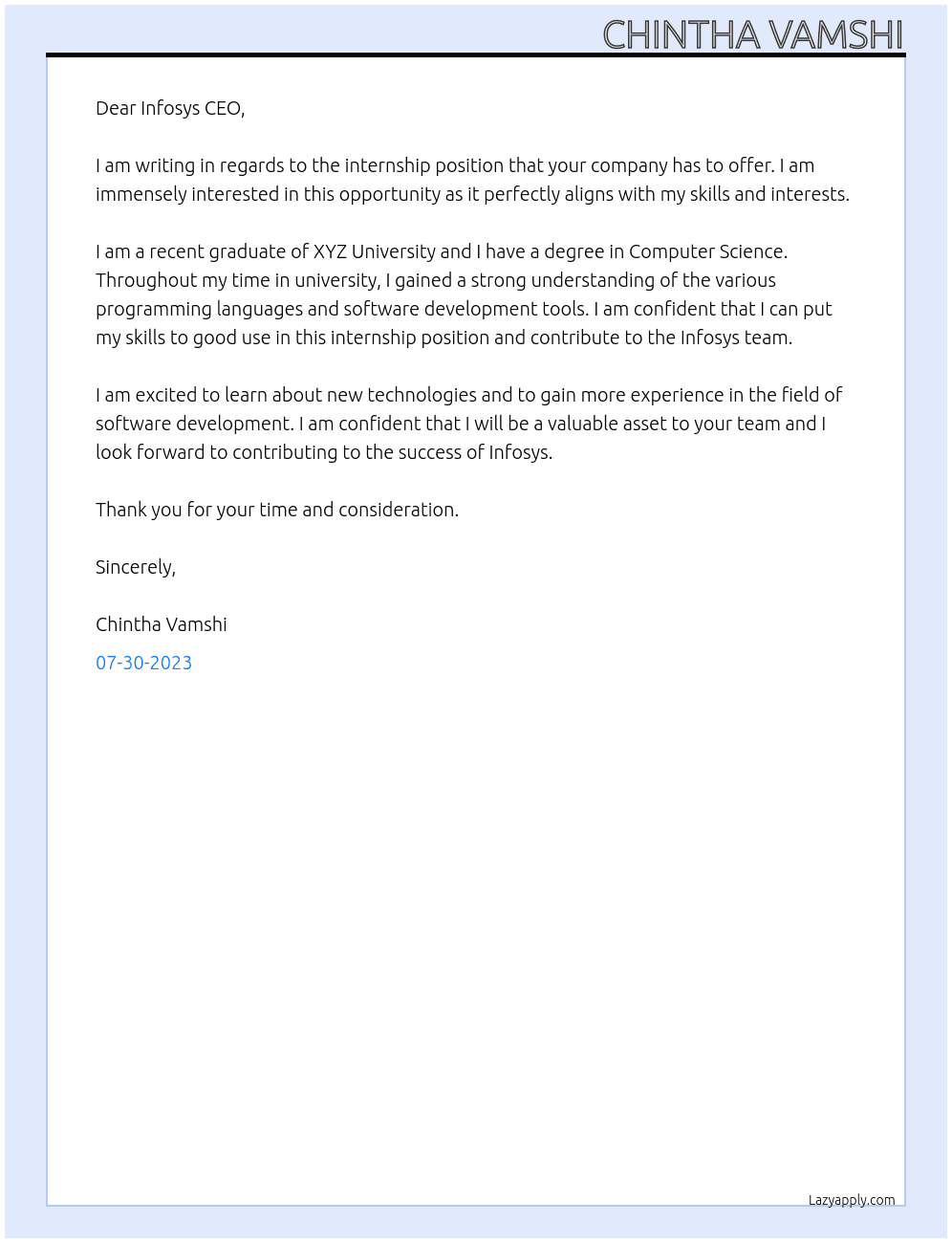 Internship At Infosys company Cover Letter
