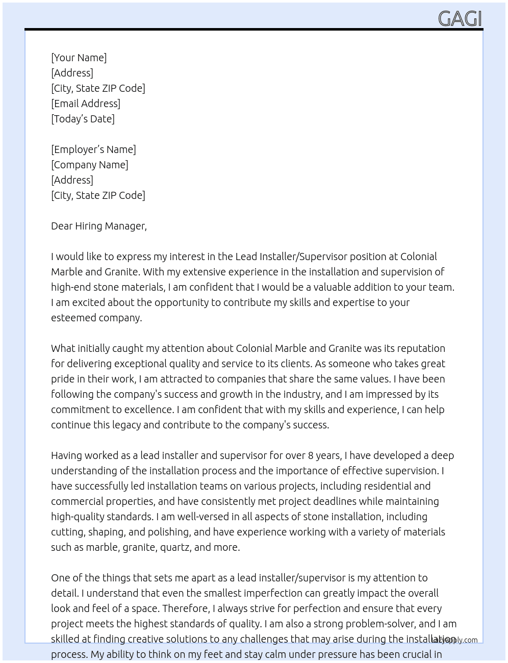Cover letter for lead installer/supervisor - LazyApply