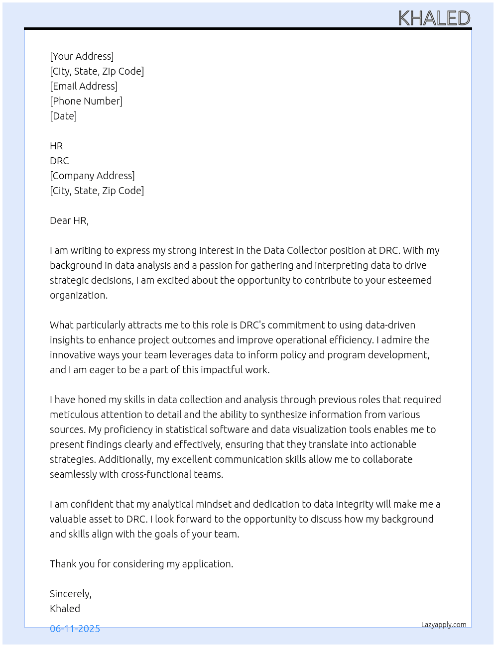 Data collector At DRC Cover Letter