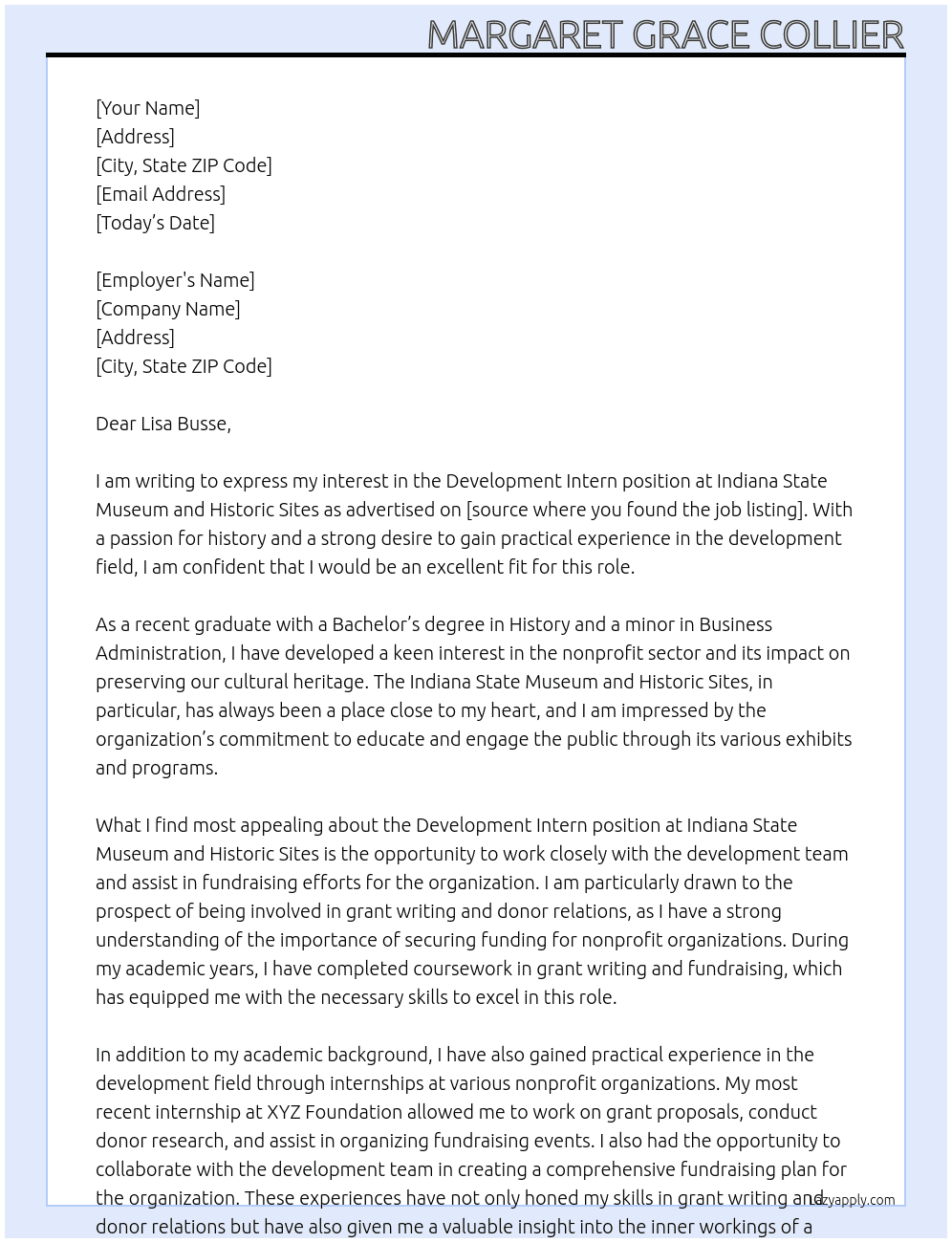 Development Intern At Indiana State Museum and Historic Sites Cover Letter