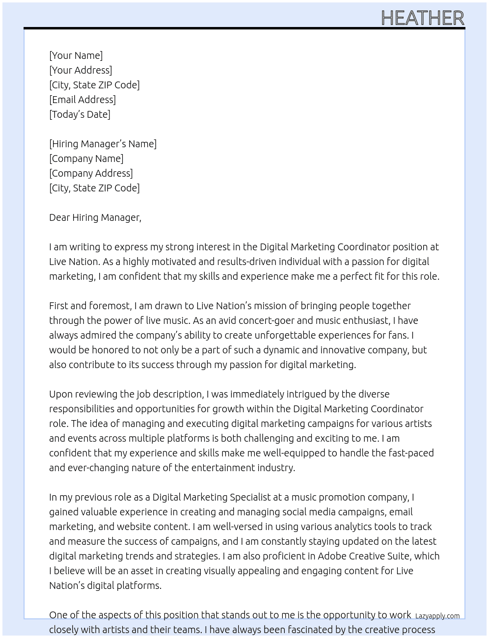 Digital Marketing Coordinator At Live Nation Cover Letter