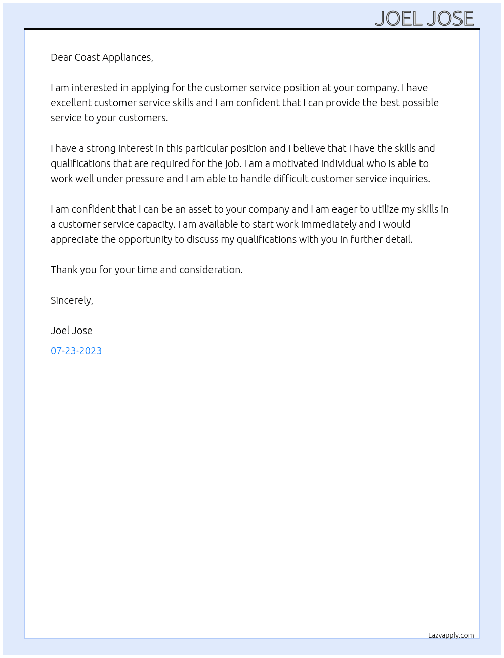 Customer service  At Coast appliances  Cover Letter