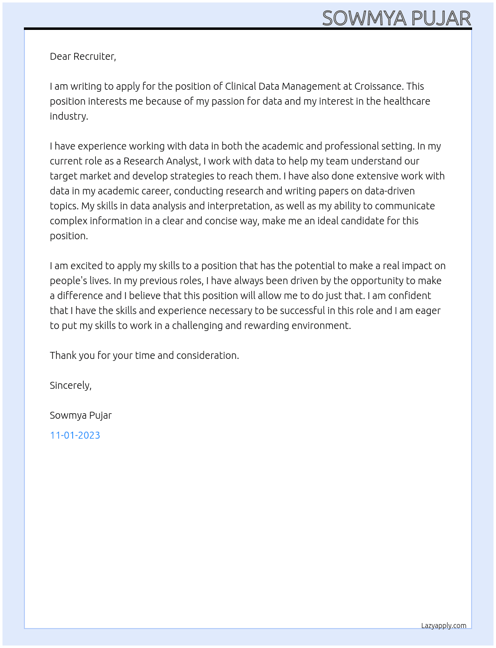 Clinical Data Management  At Croissance Cover Letter