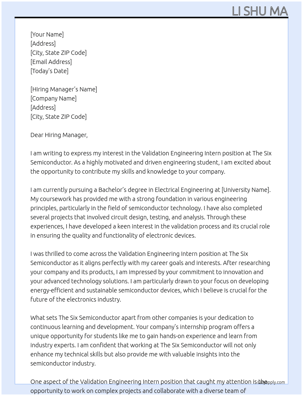 Validation Engineering Intern At The Six Semiconductor Cover Letter