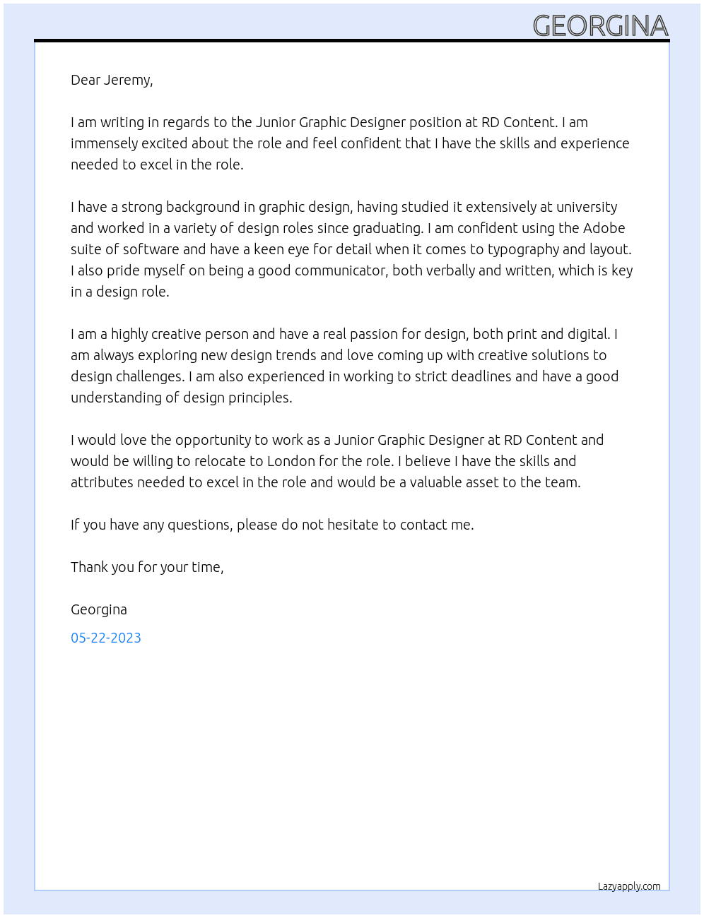 Junior Graphic Designer  At RD Content Cover Letter
