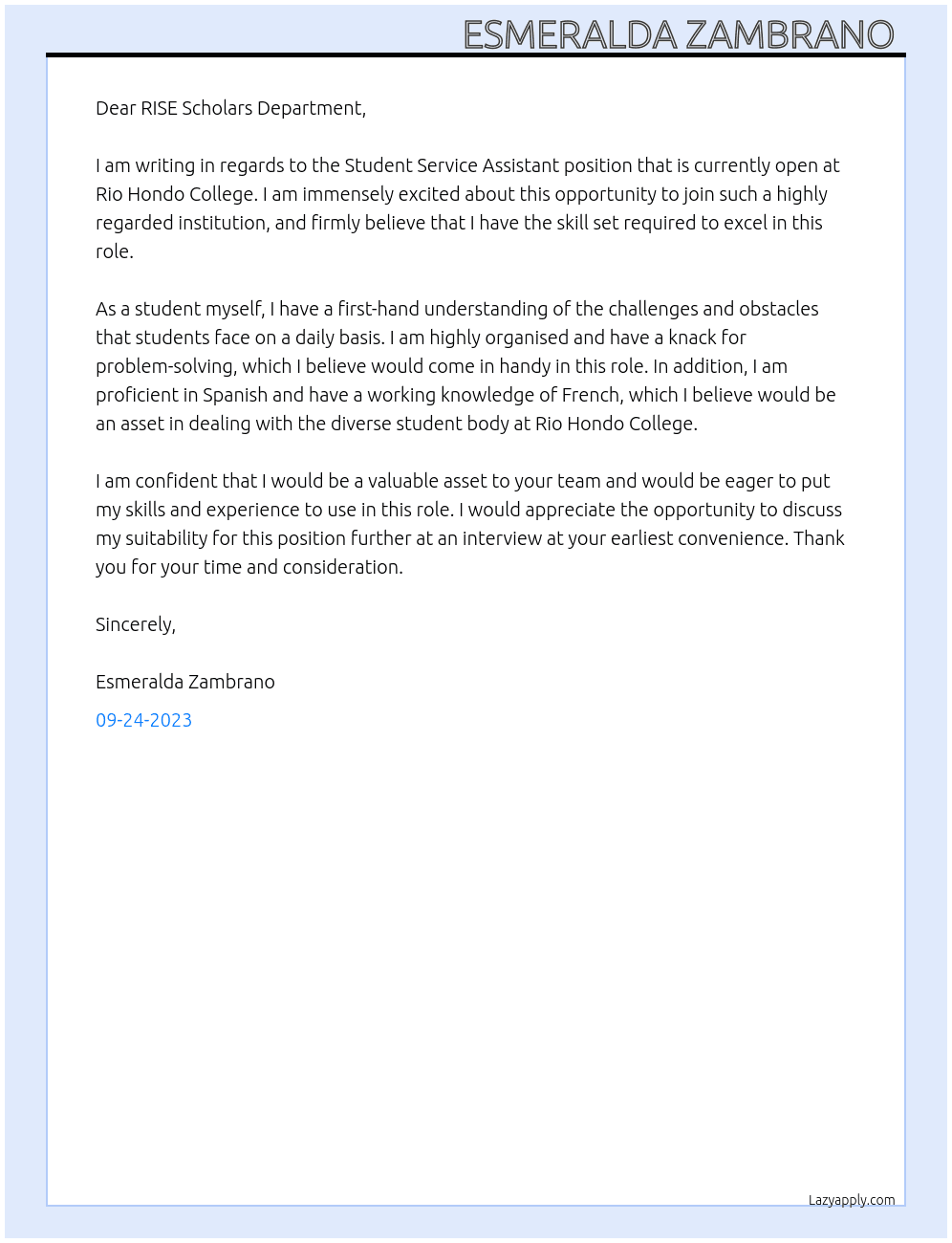 Student Service Assistant At Rio Hondo College Cover Letter