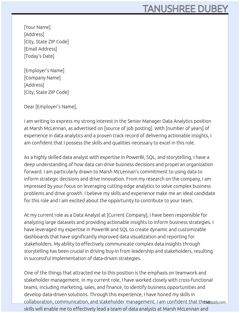 Senior Manager Data Analytics At Marsh McLennan Cover Letter
