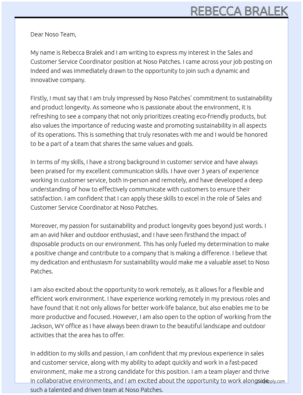 Sales and Customer Service Coordinator At Noso Patches Cover Letter